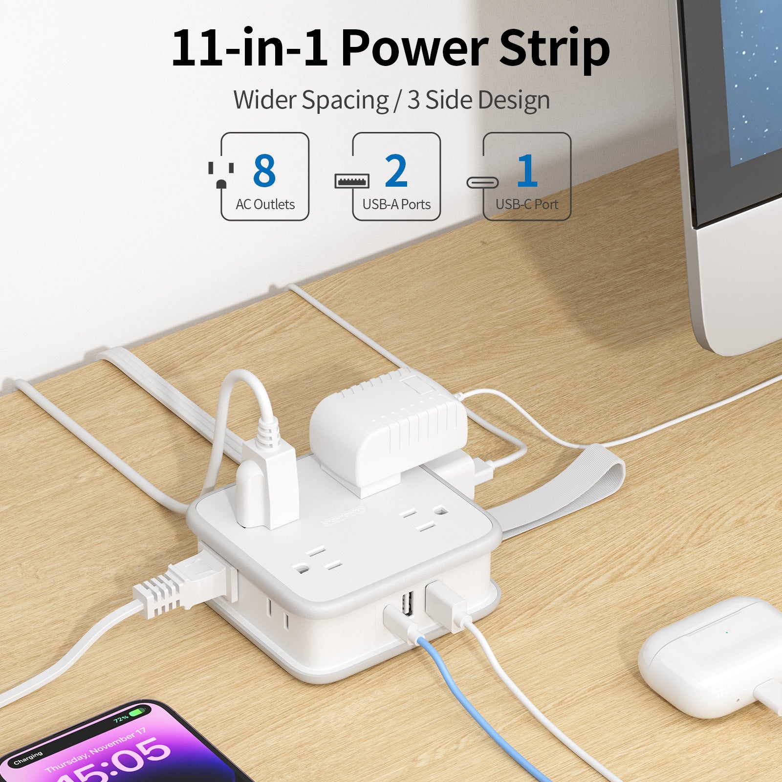 Ntonpower Power Cube Flachkabel, 8 weit auseinander liegende Steckdosen, 3 USB-Anschlüsse 