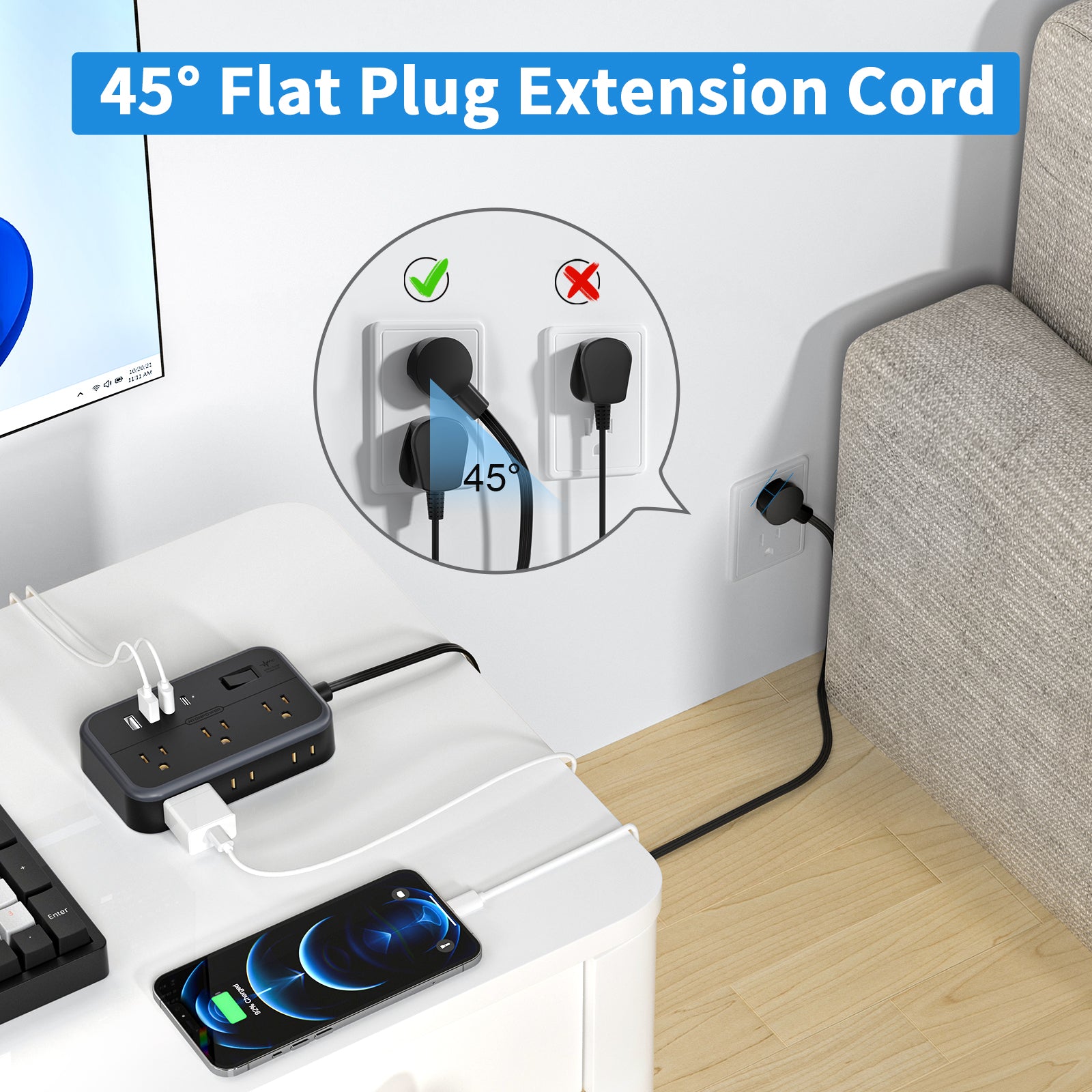 Double Extension Cord 12 FT Power Strip 3 Outlets 3 USB