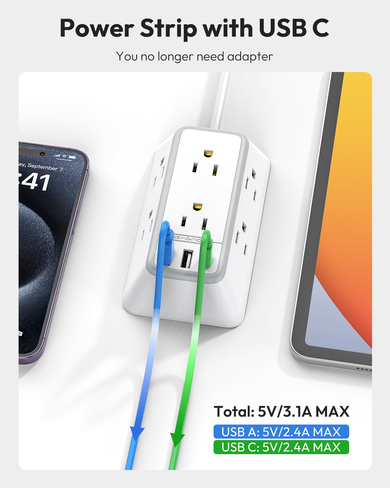 NTONPOWER 3-Sided Power Strip 6 Outlets 2 USB-A 1 USB-C