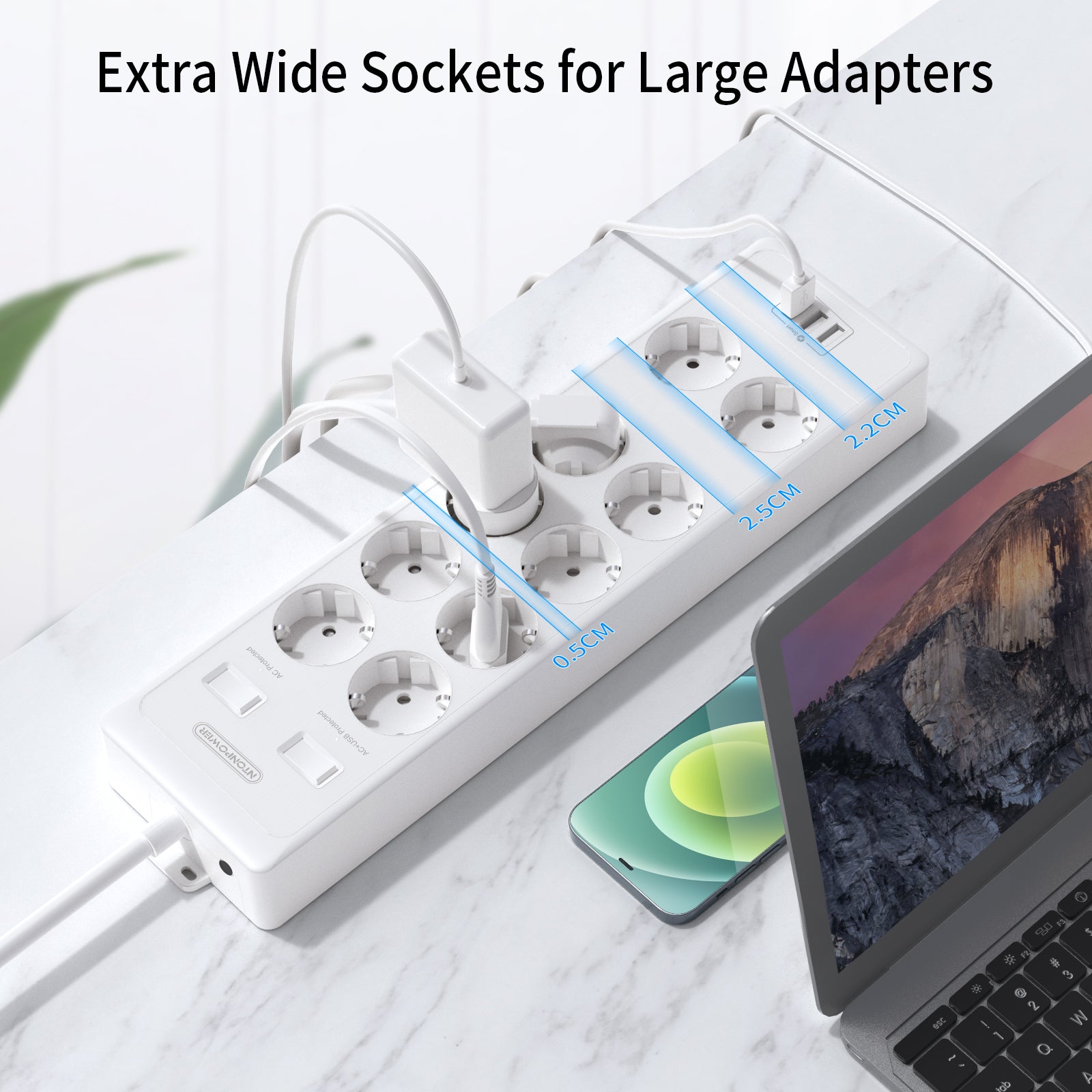 Ntonpower EU Surge Protection Power Strip 10 Outlets 3 USB-A