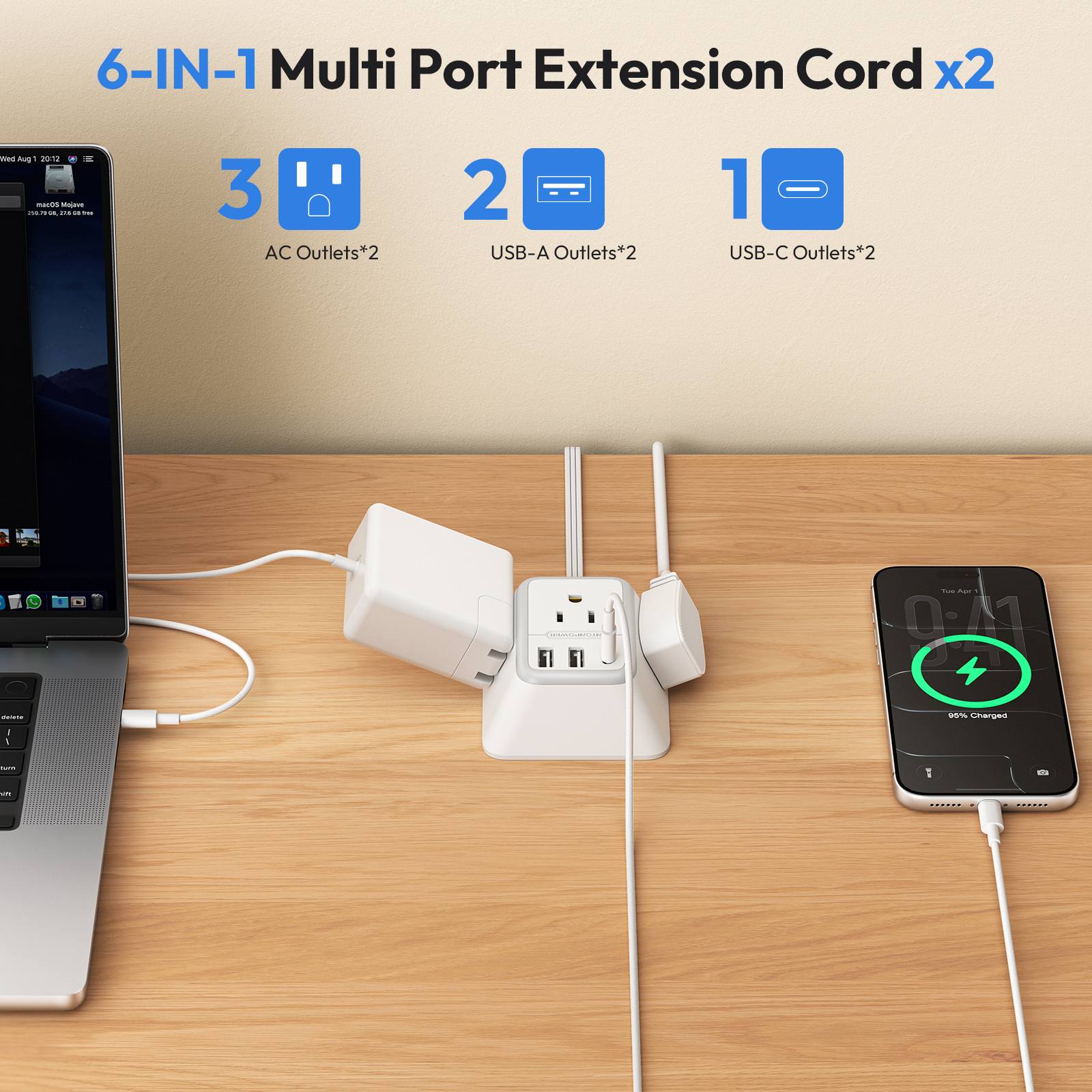NTONPOWER Split Extension Cord 12FT Power Strip 3 Outlets 2 USB A 1 Type C