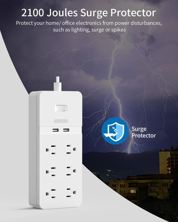 Ntonpower New Surge Protector 2100J 6 Outlets 2 USB Rotating Plug