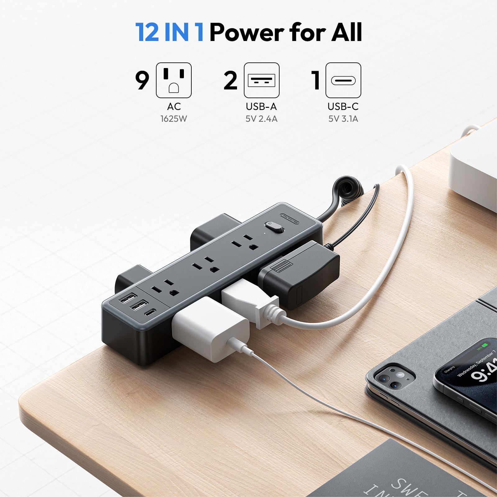 NTONPOWER Standing Desk Power Strip 9 Outlets 2 USB-A 1 USB-C