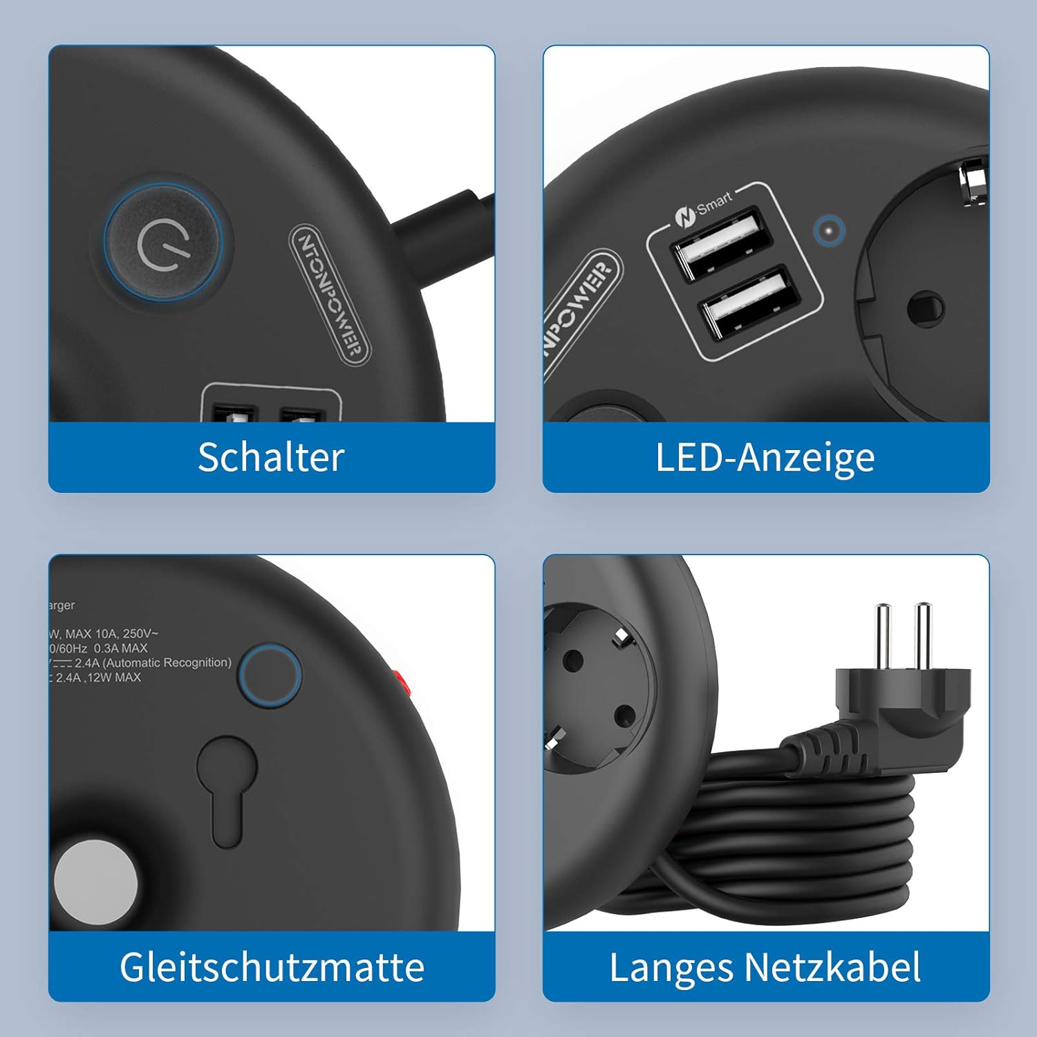 Ntonpower EUPower Strip 3 Outlets 2 USB-A