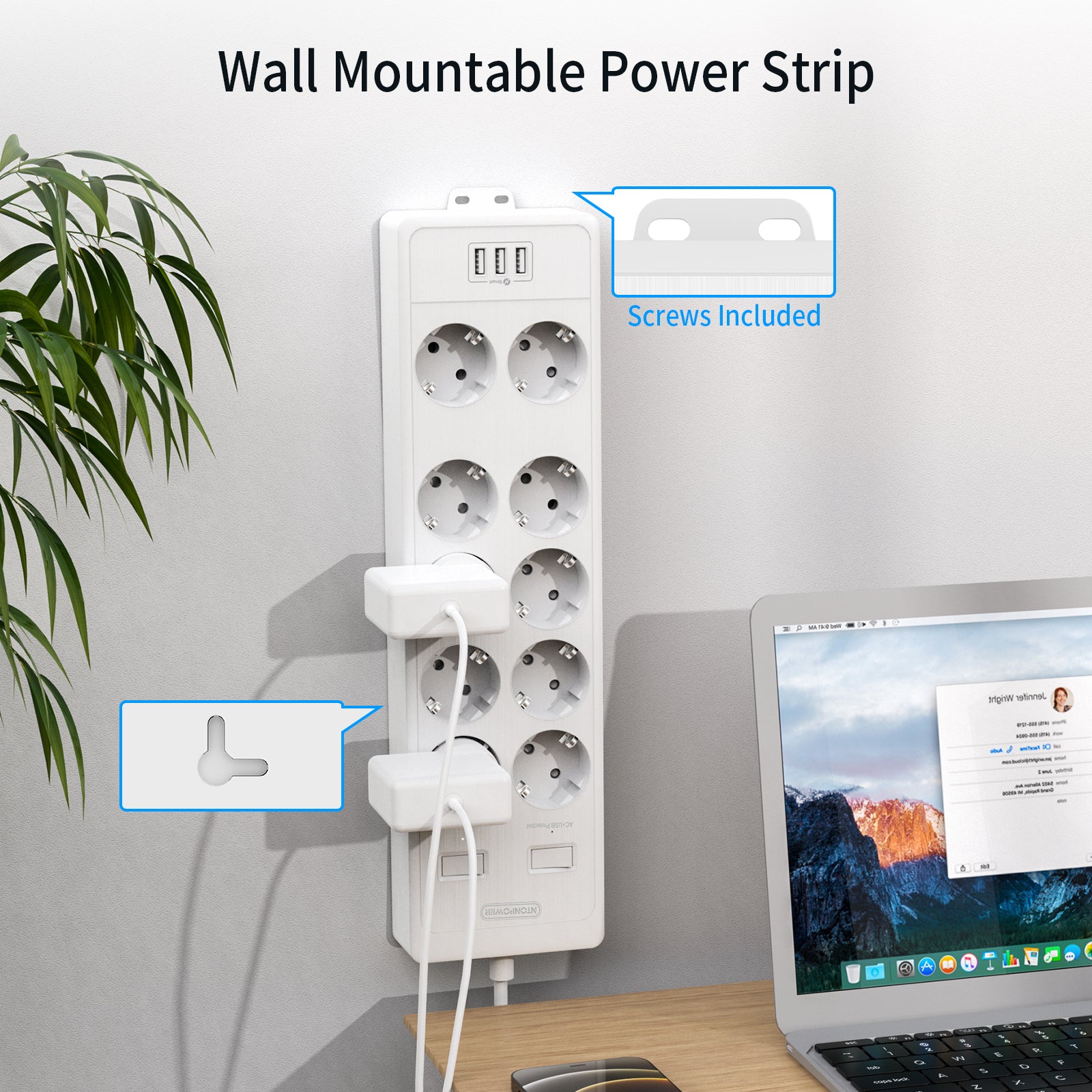 Ntonpower EU Surge Protection Power Strip 10 Outlets 3 USB-A