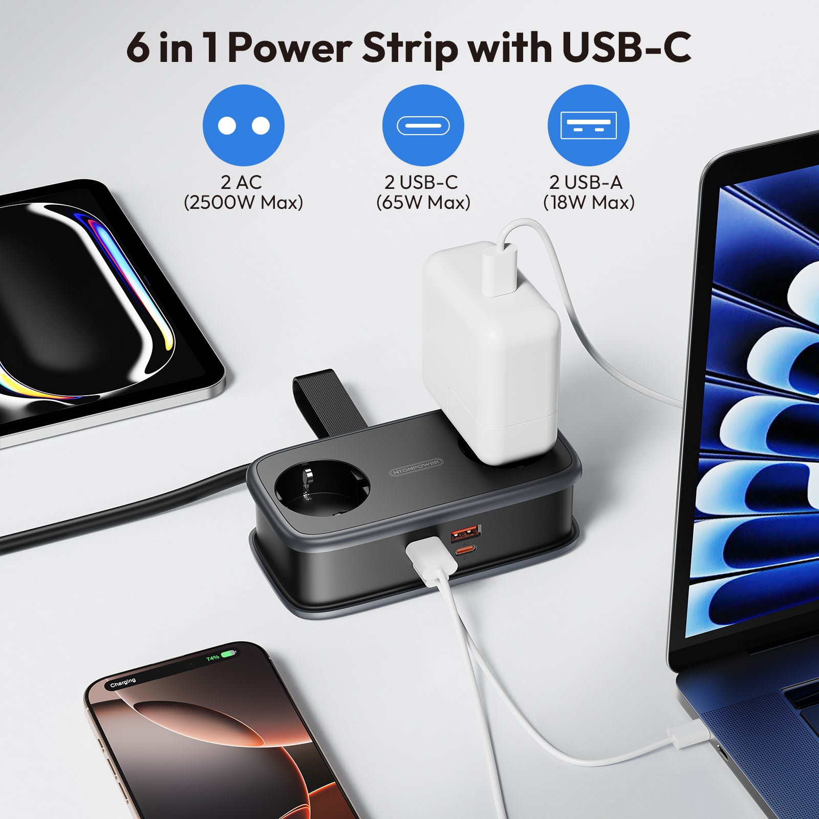 Ntonpower EU Pocket Power Strip 2 Outlets 2 USB-A 2 USB-C 65W GaN