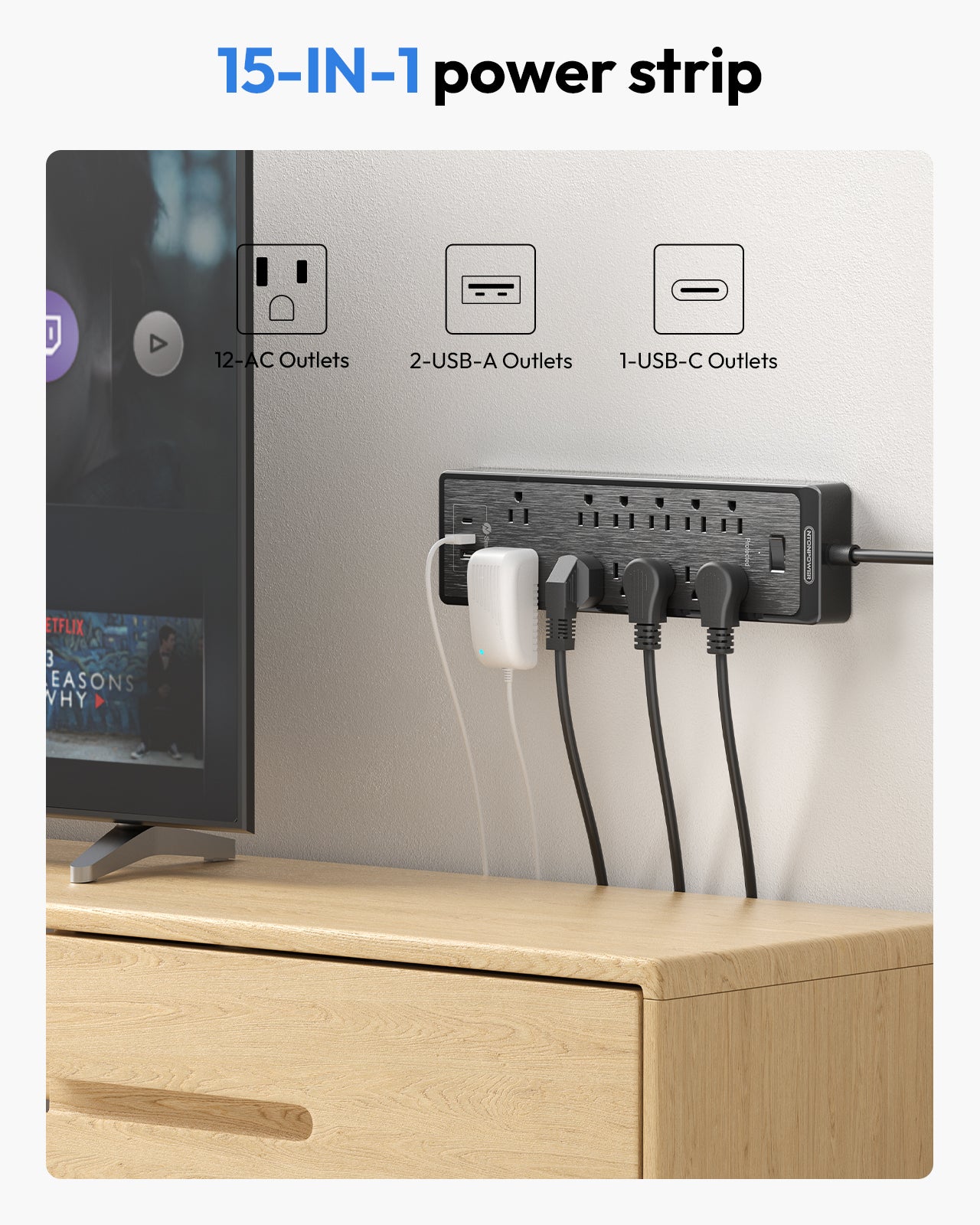 Ntonpower Surge Protector Power Strip 12 Outlets 2 USB-A 1-USB C（SKU: LS-12A3U-US-BK-4.6M,  ASIN: B08CKBHCLD, GTIN：6954301173823）
