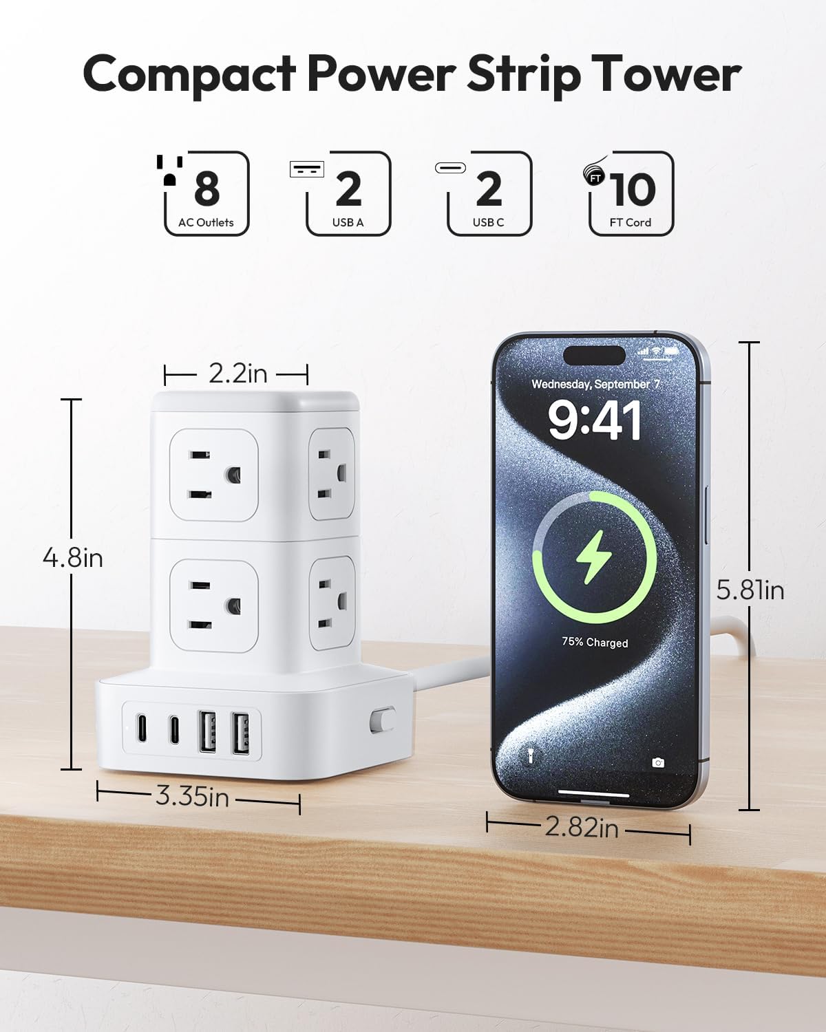Ntonpower New Surge Protector Power Strip Tower 8 Outlets 2 USB-A 2 USB-C