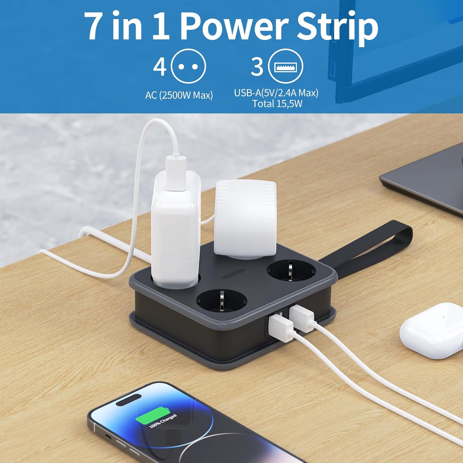 NTONPOWER EU Steckdosenleiste Mehrfachsteckdose 4 Steckdosen 3 USB-A 1,6 m 