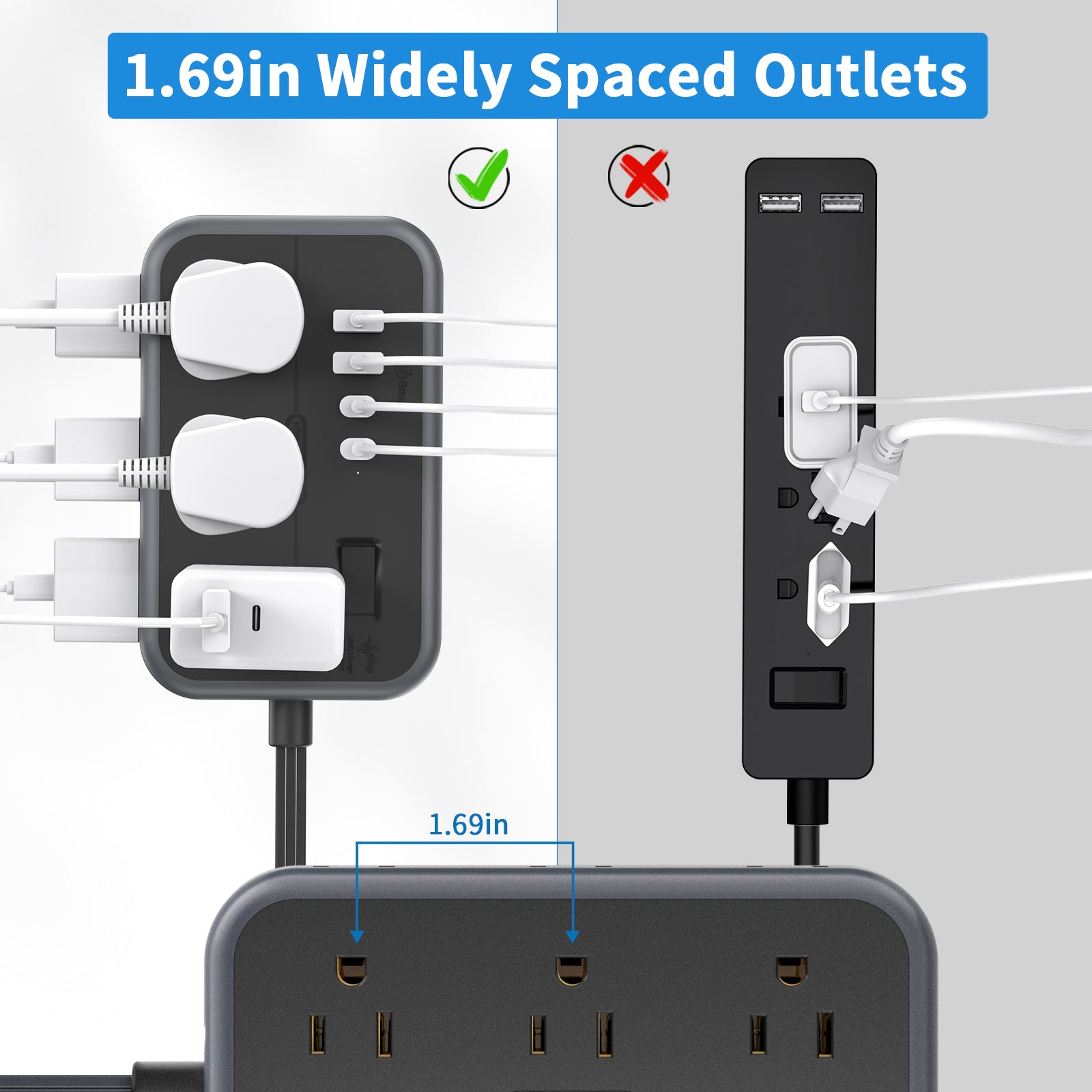 Ntonpower New 6 Outlets 2 USB 2 TYPE-C Flat Plug Power Strip