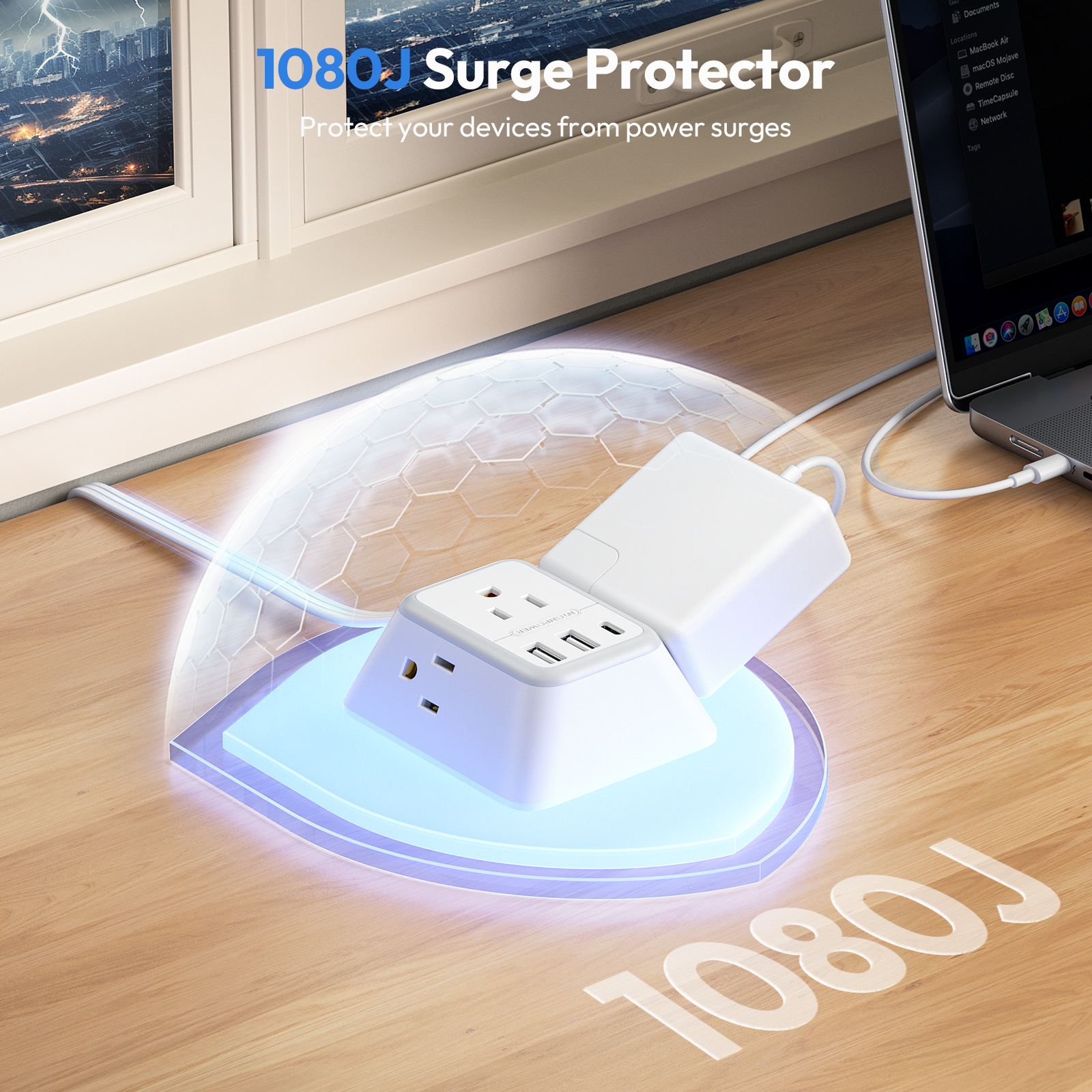 NTONPOWER Split Extension Cord 12FT Power Strip 3 Outlets 2 USB A 1 Type C