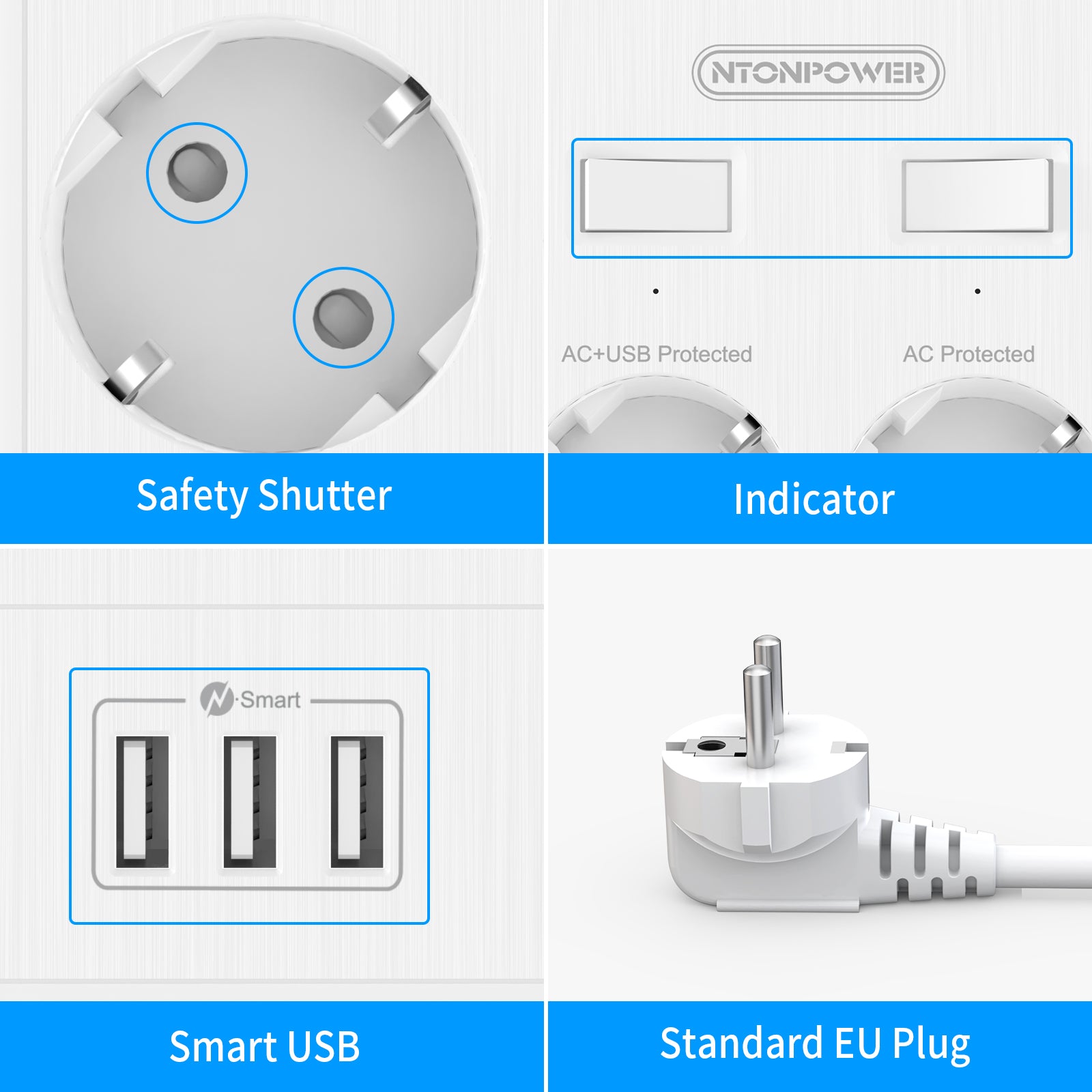 NTONPOWER EU Steckdosenleiste 10 Steckdosen 3 USB-A Überspannungsschutz Einzelschalter 
