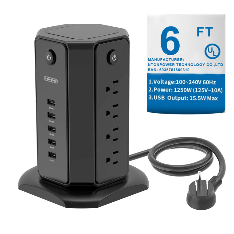 Ntonpower 1080J Surge Protector Power Strip Tower 8 Outlets 5 USB