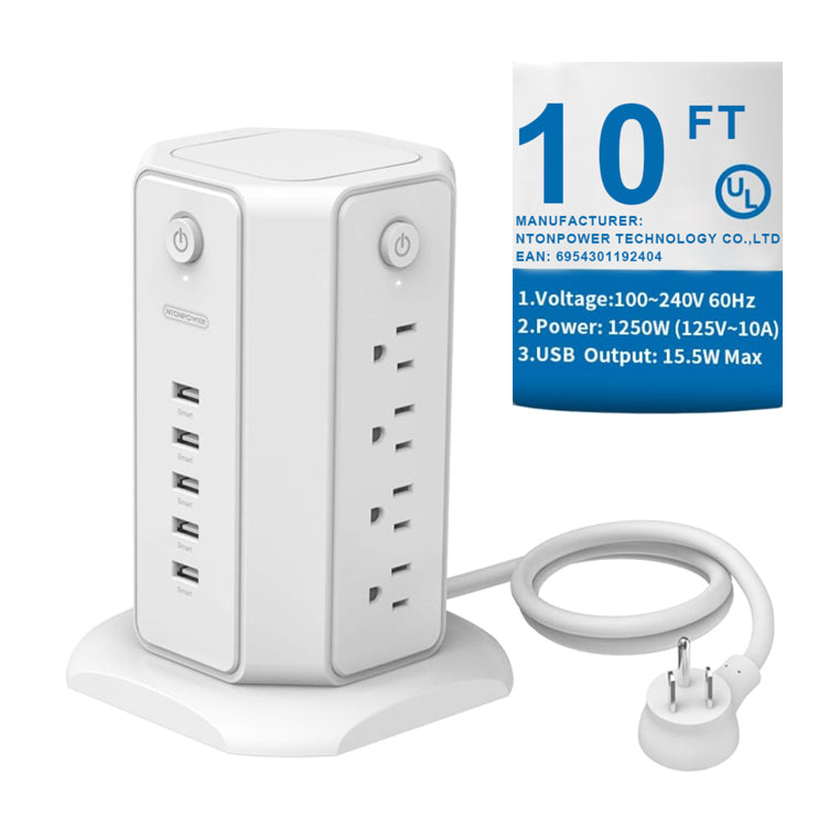 Ntonpower 1080J Surge Protector Power Strip Tower 8 Outlets 5 USB
