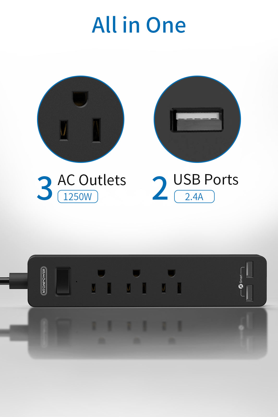 Ntonpower Power Strip 3 Outlets 2 USB  Flat Cord