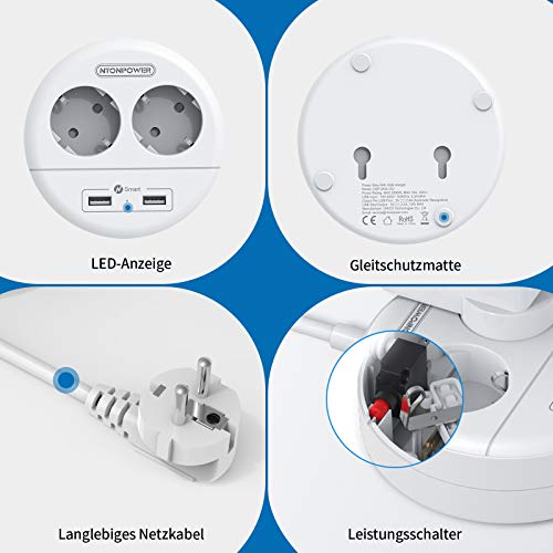 Ntonpower EU Power Strip 2 Sockets 2 USB Small&Travel