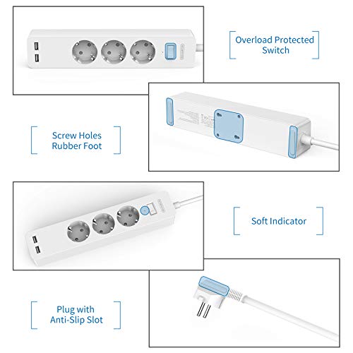 Ntonpower EU Power Strip 3 Socket 2 USB Overvoltage Protection
