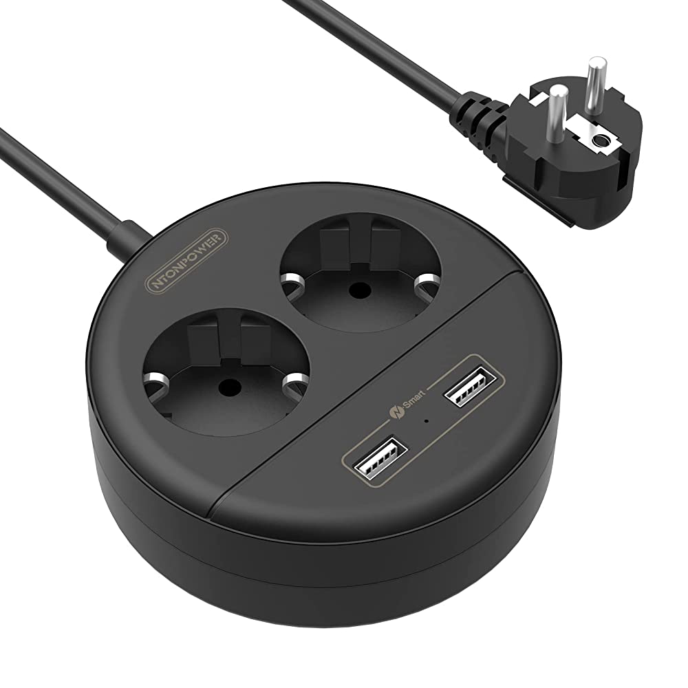 Ntonpower EU Power Strip 2 Sockets 2 USB Small&Travel