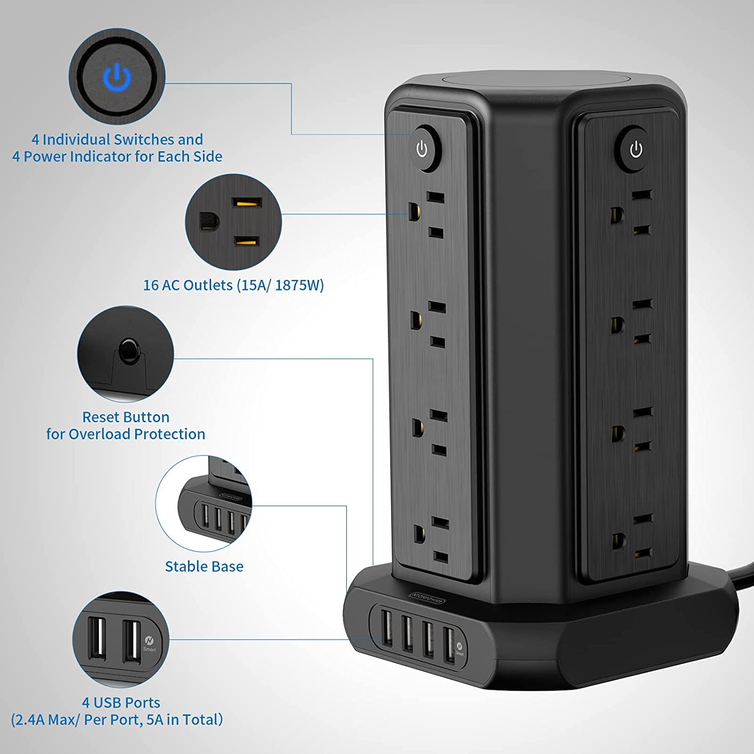 Ntonpower Surge Protector Power Strip Tower 16 Outlets 4 USB 1080J