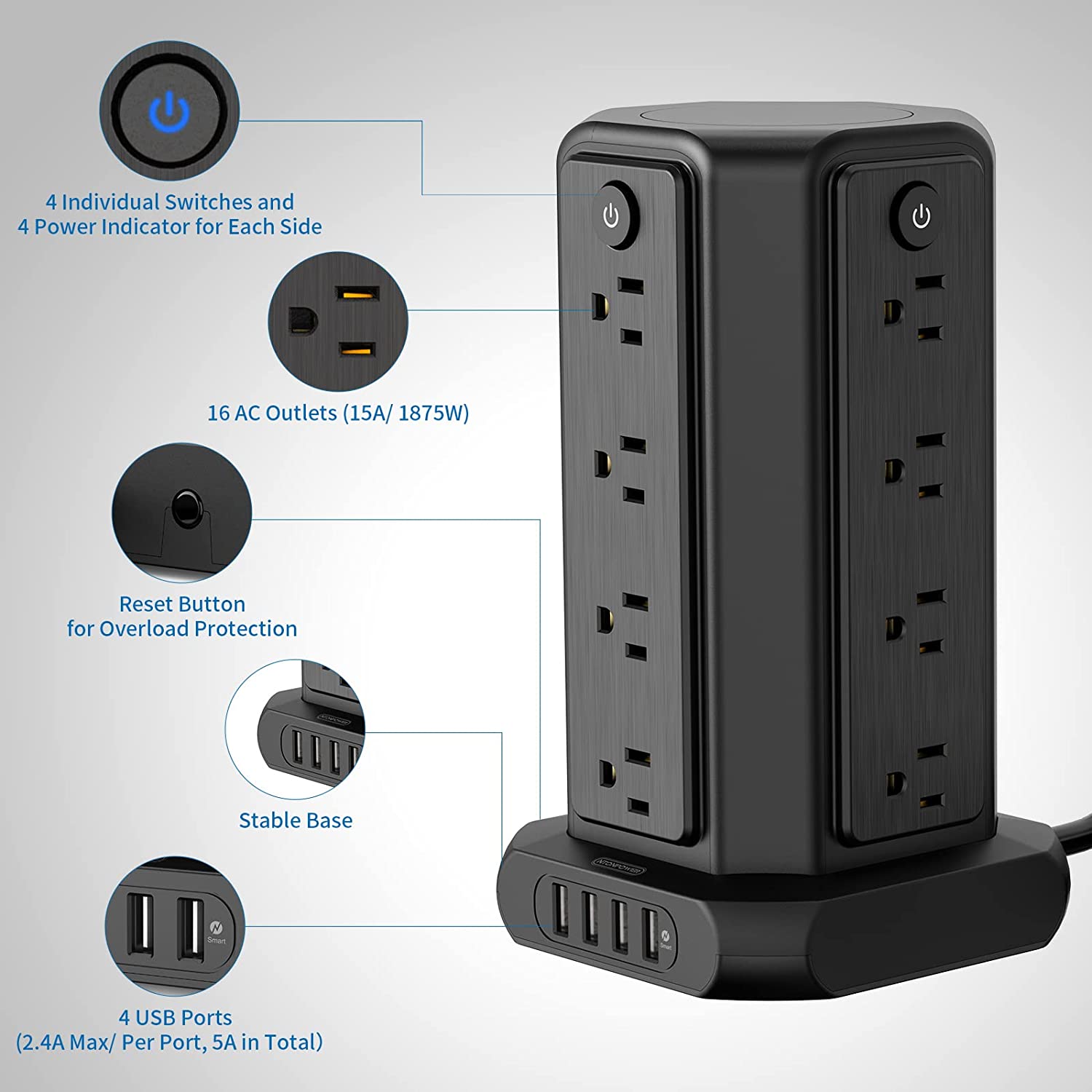 CRST 10-Outlet Heavy Duty Power Strip Surge Protector – 1875W, 2800J, 2 USB, 15ft Cord, Yellow