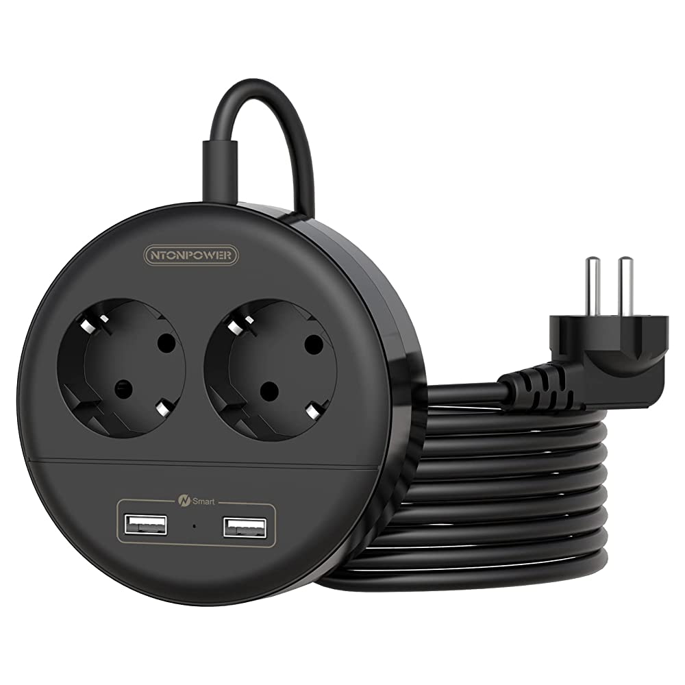 Ntonpower EU Power Strip 2 Sockets 2 USB Small&Travel