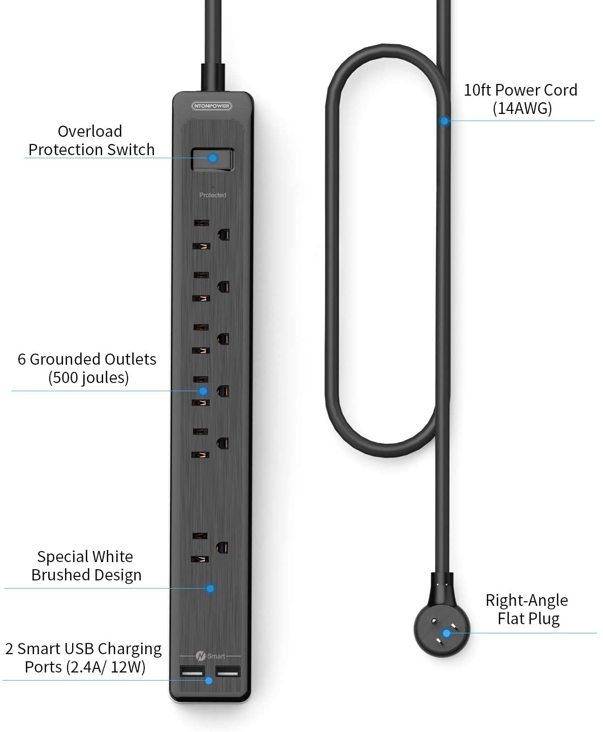 Ntonpower Surge Protector 6 Outlets  2 USB 500J