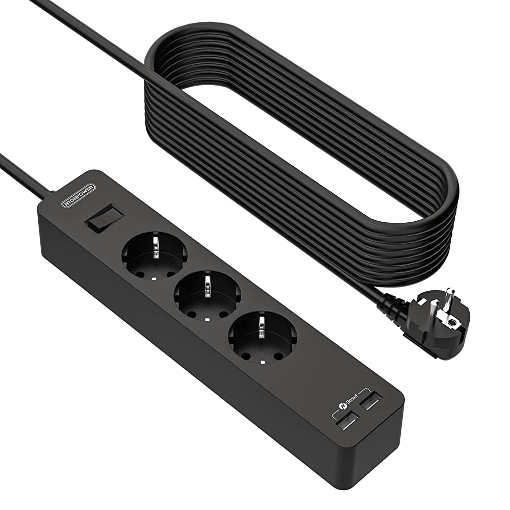 Ntonpower EU Power Strip 3 Socket 2 USB Overvoltage Protection