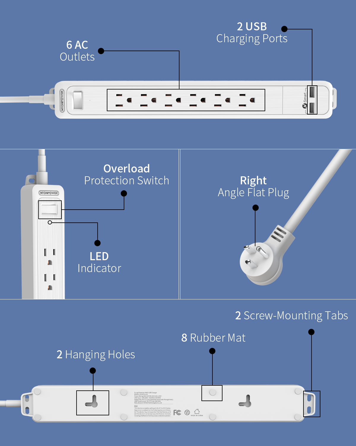 Ntonpower Surge Basic 1080 Joules  6 Outlets 2 USB Power Strip