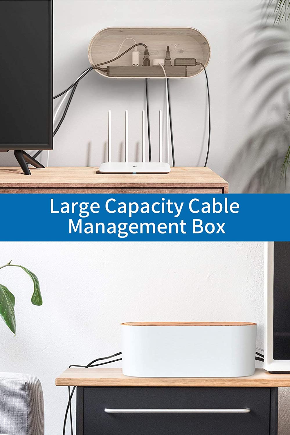 3 Pack Cable Management Box with 18 PCS Cable Management Set - Large &  Medium & Small Wooden Grain Cable Organizer Box to Hide Wires & Power  Strips 