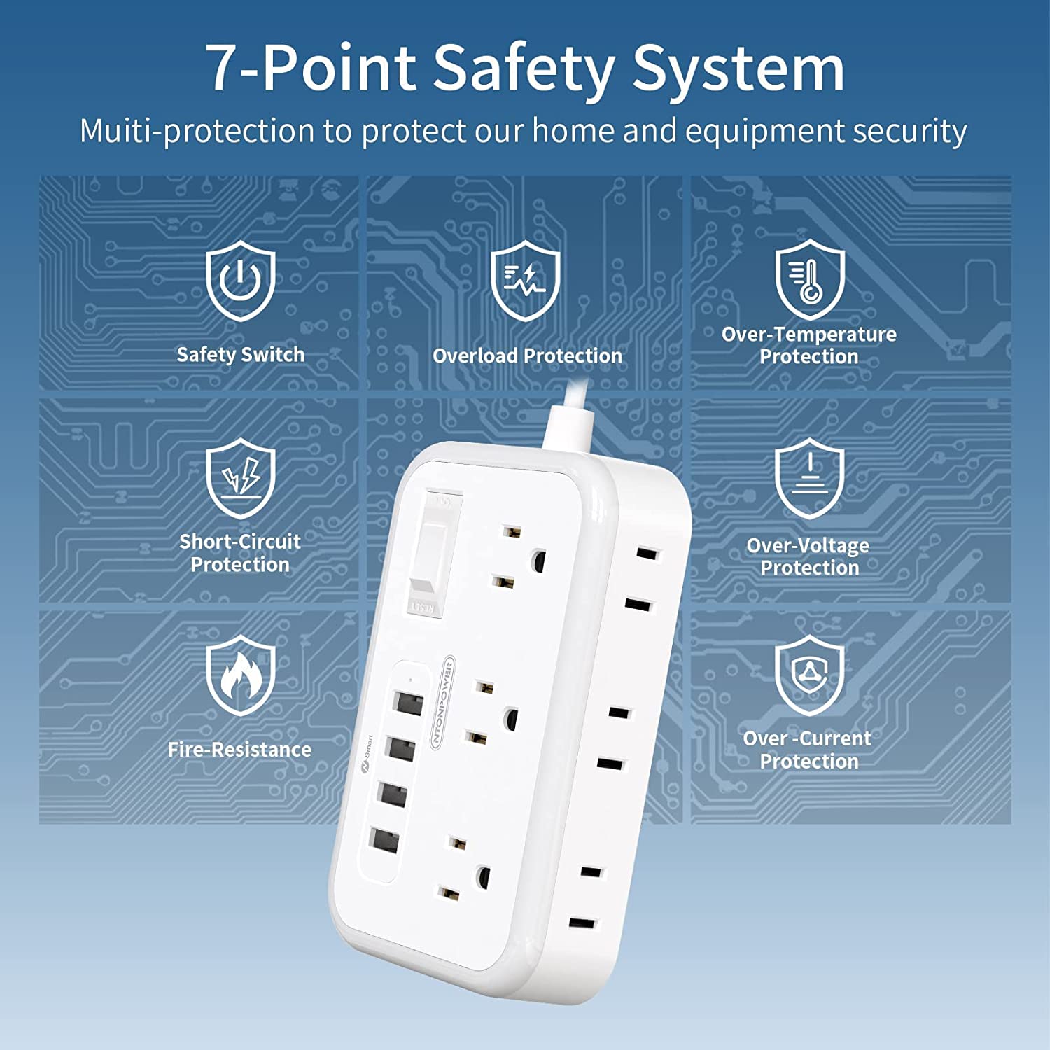 Ntonpower Surge Basic Power Strip 6 Outlets 4 USB Flat Plug