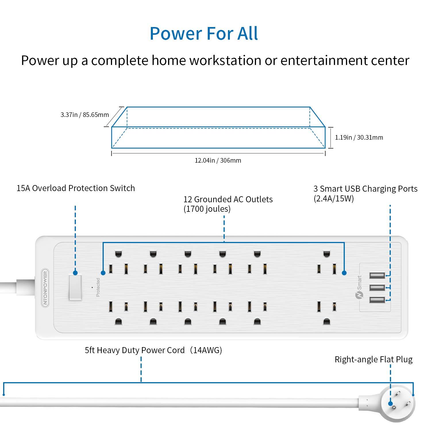 Ntonpower SurgePro Power Strip 12 Outlets 3 USB Heavy Duty 2100J