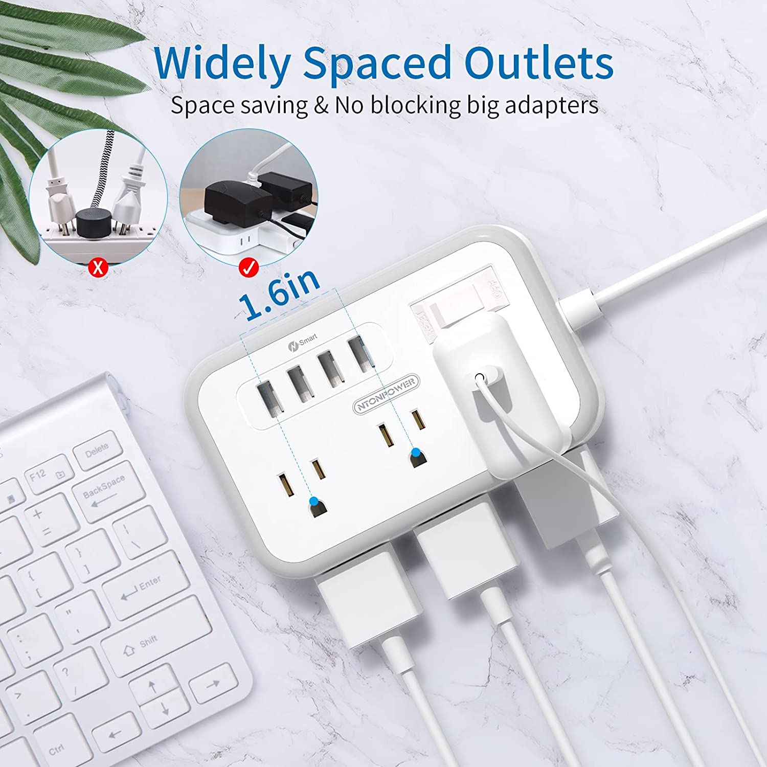 Ntonpower Surge Basic Power Strip 6 Outlets 4 USB Flat Plug