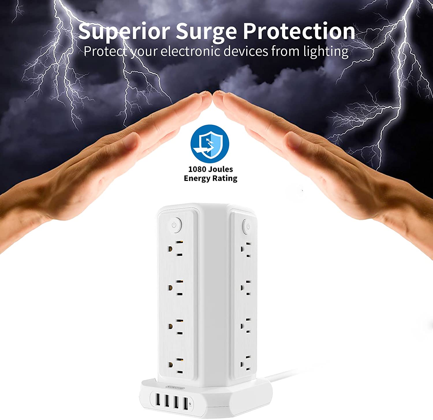 Ntonpower Surge Protector Power Strip Tower 16 Outlets 4 USB 1080J