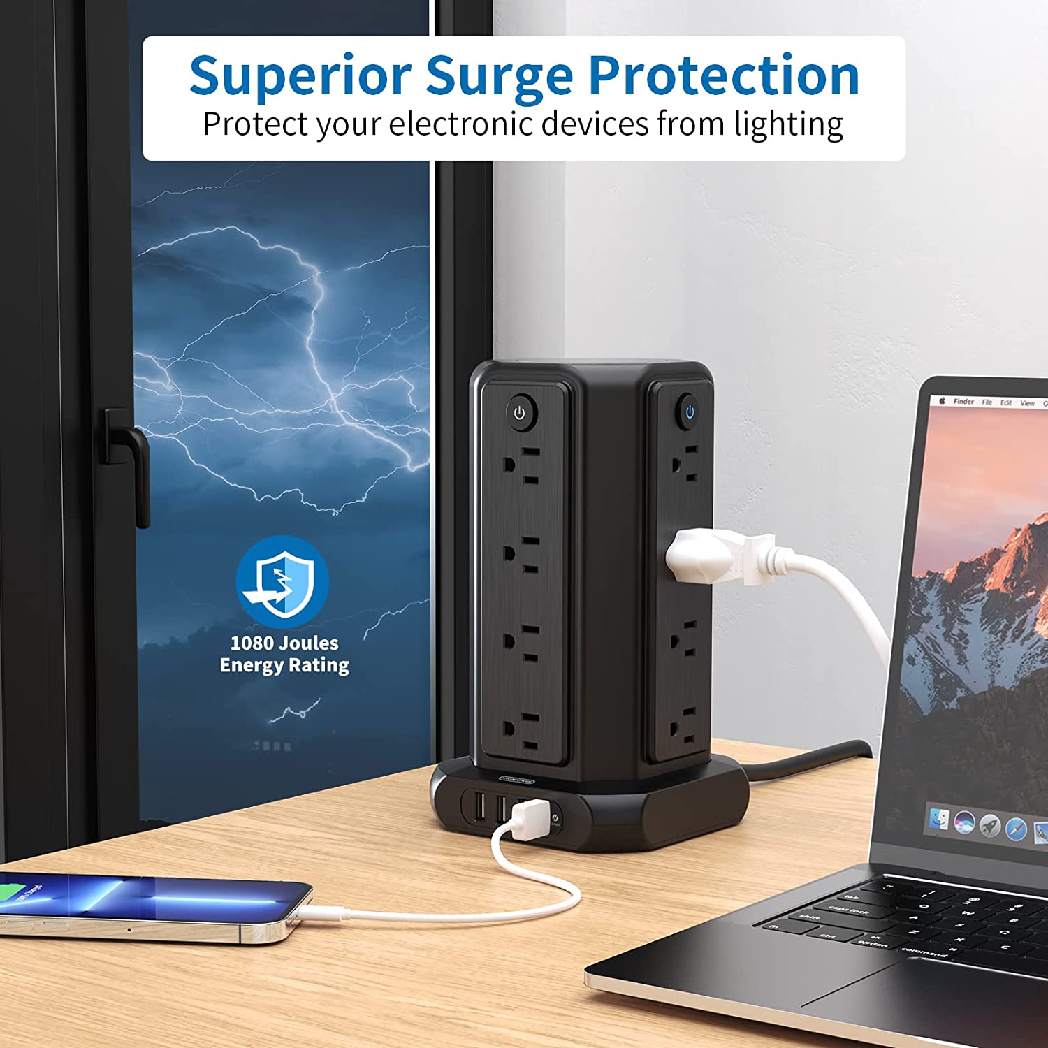 Ntonpower Surge Protector Power Strip Tower 16 Outlets 4 USB 1080J