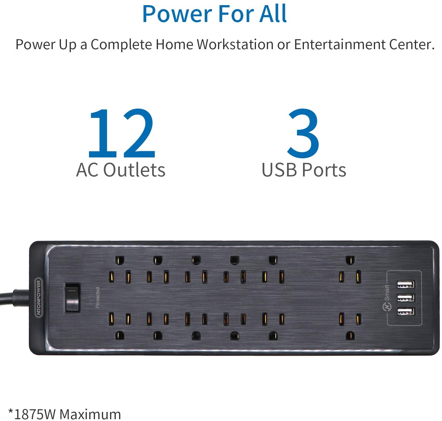 Ntonpower SurgePro Power Strip 12 Outlets 3 USB Heavy Duty 2100J