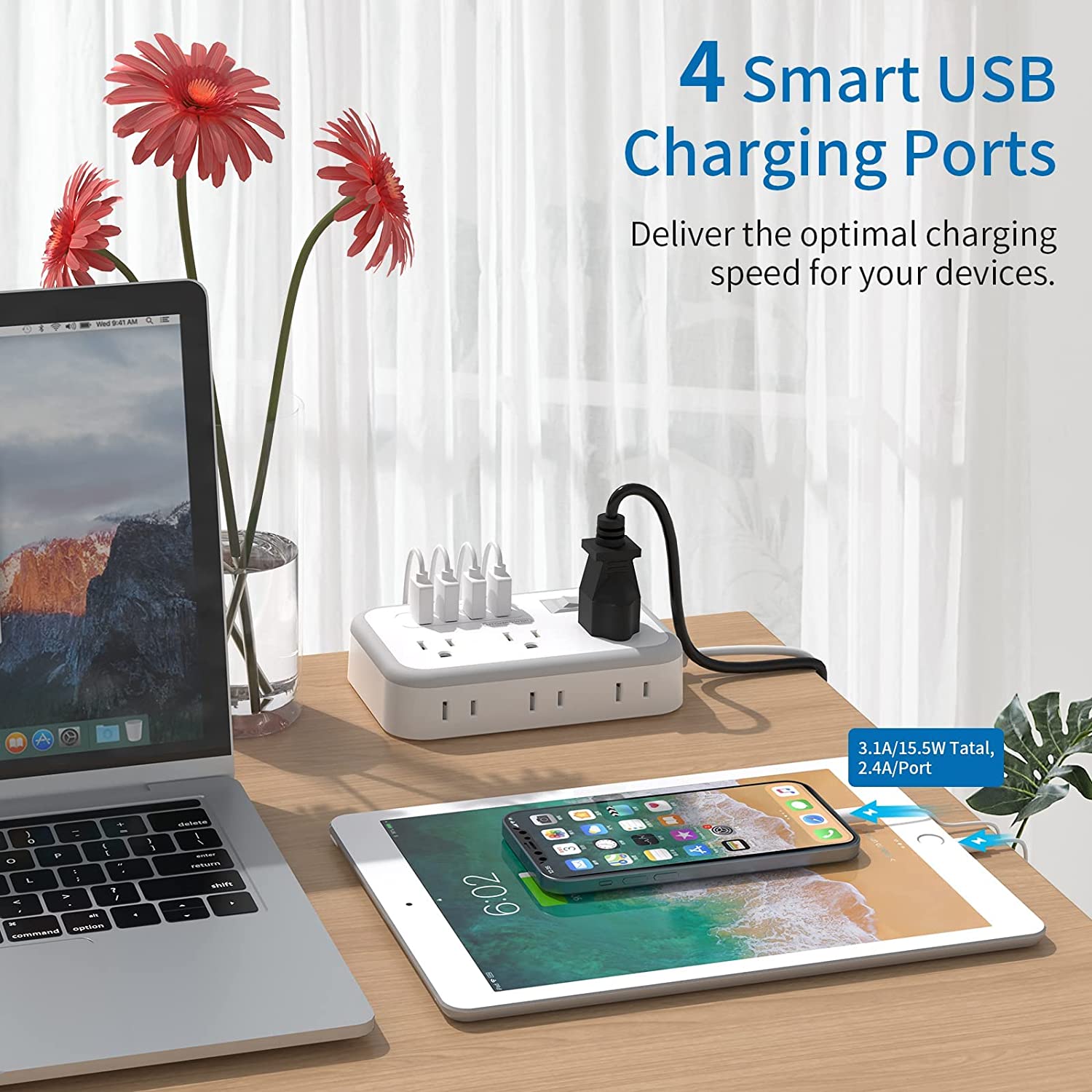 Ntonpower Surge Basic Power Strip 6 Outlets 4 USB Flat Plug