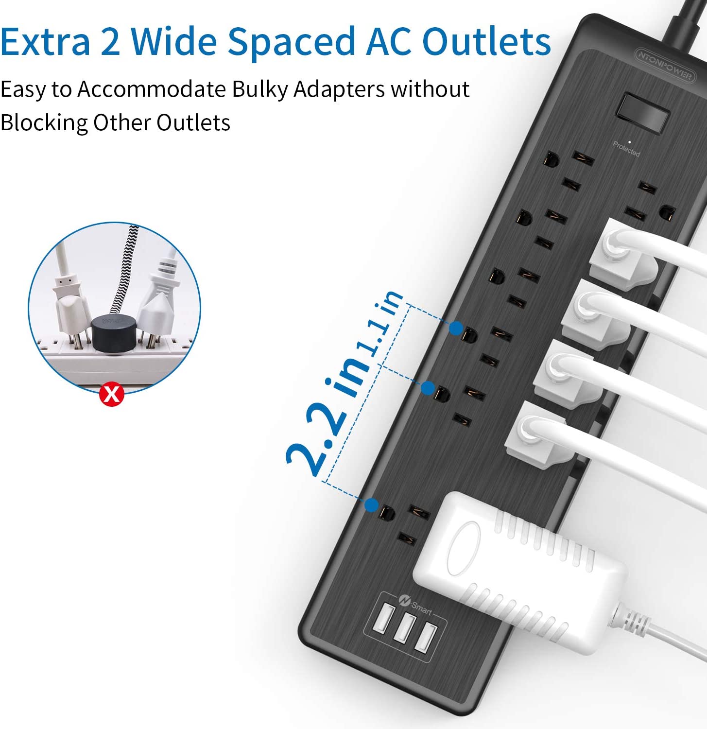 Ntonpower SurgePro Power Strip 12 Outlets 3 USB Heavy Duty 2100J