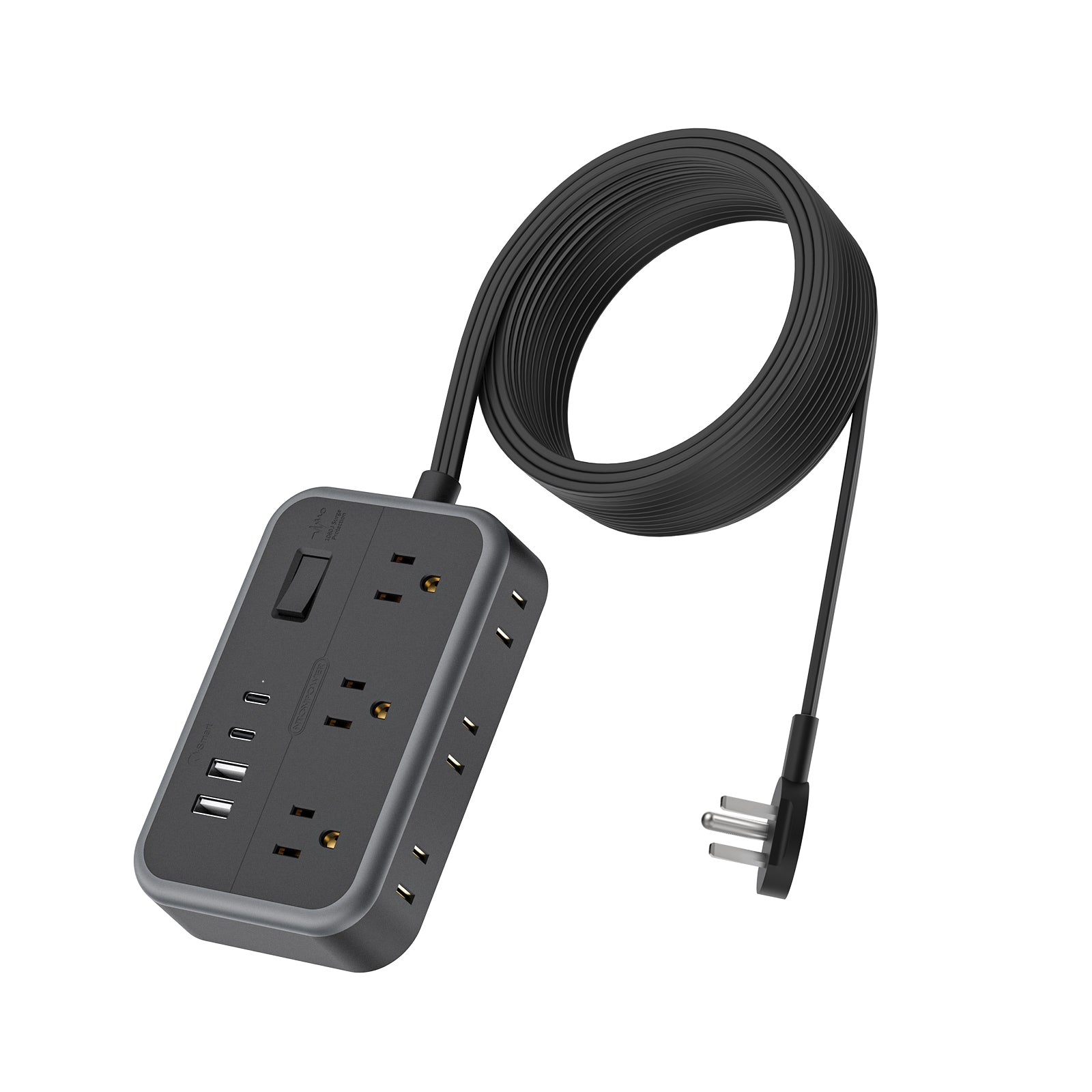 Ntonpower New 6 Outlets 2 USB 2 TYPE-C Flat Plug Power Strip