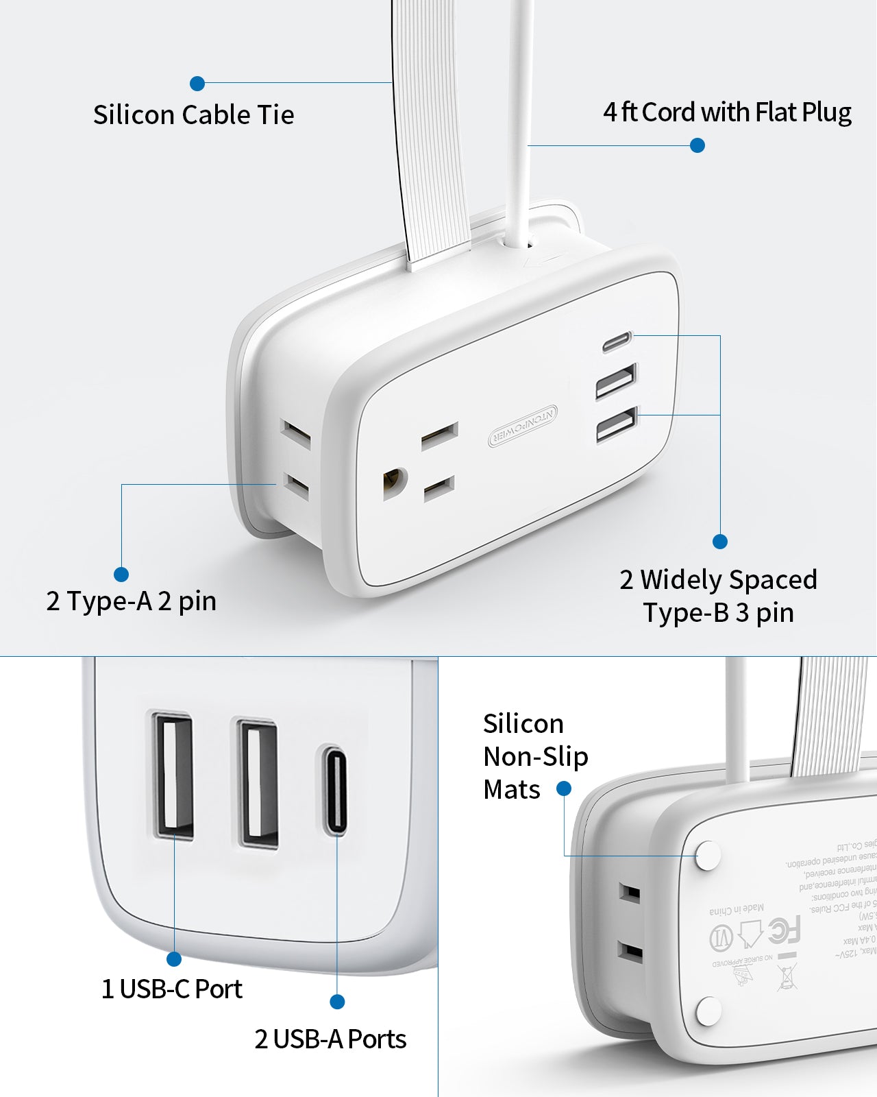 Ntonpower New Pocket Power Strip 2 Outlets 3 USB Ports(1 Type C)