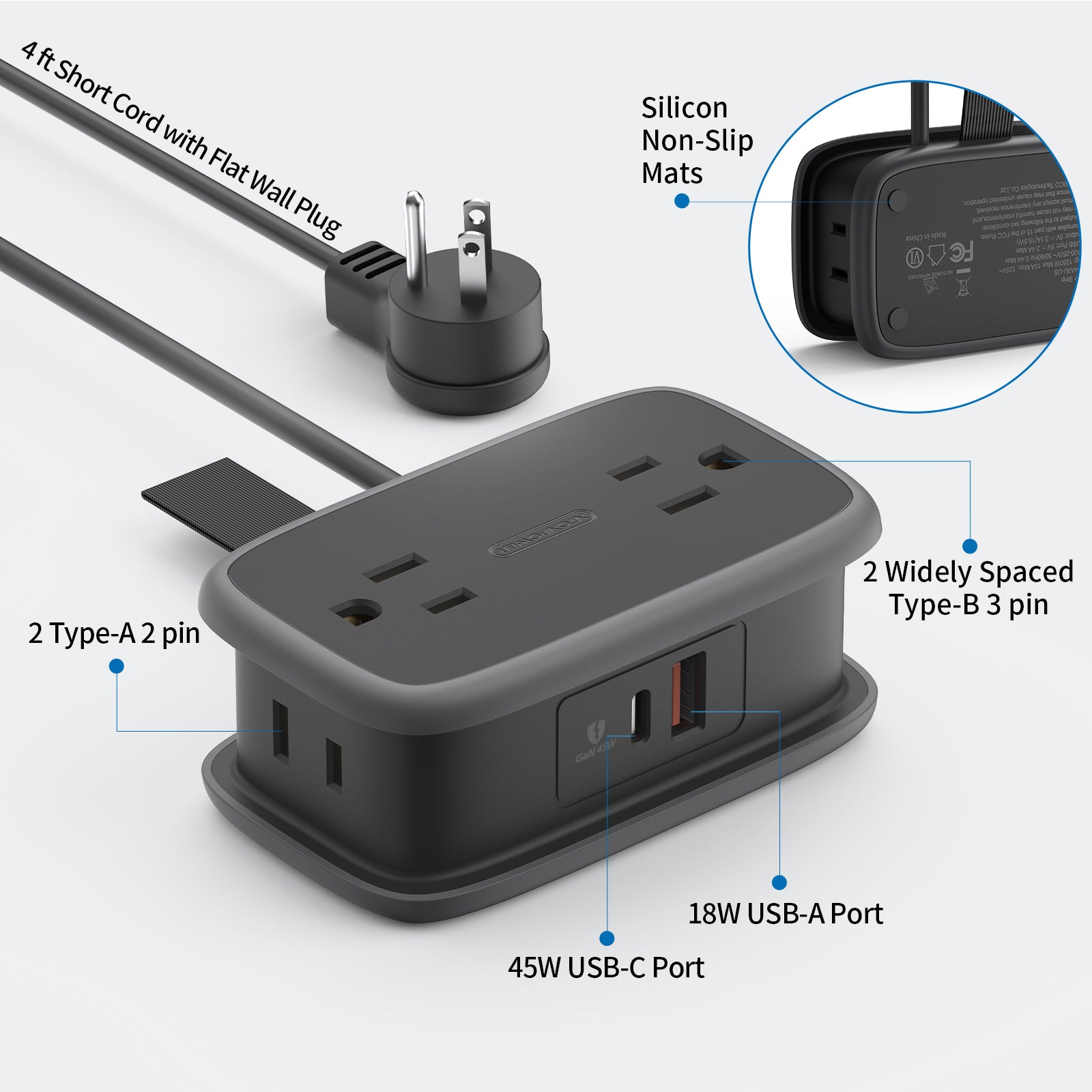 Ntonpower Pocket Power Strip 4 Outlets 1 GAN 45W USB-C