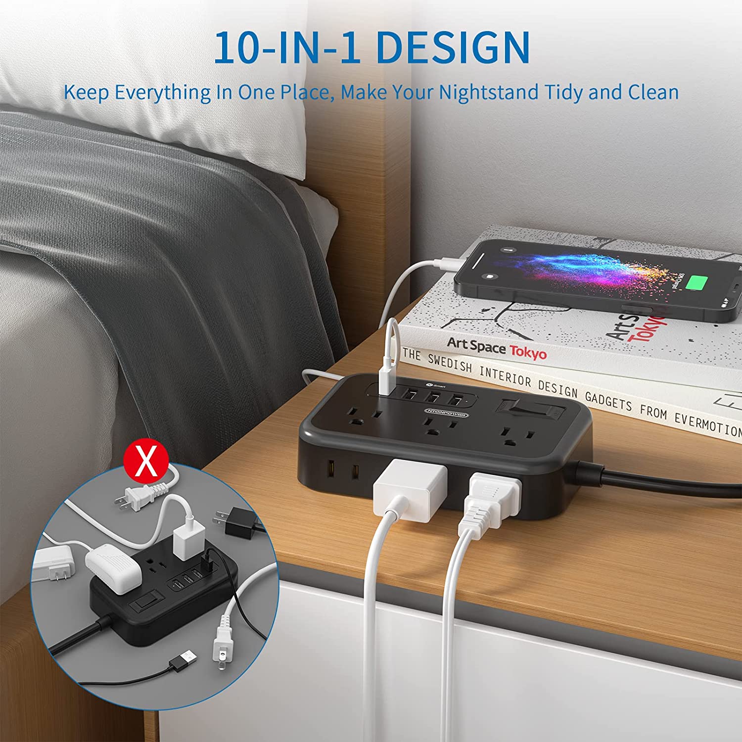 Ntonpower Surge Basic Power Strip 6 Outlets 4 USB Flat Plug